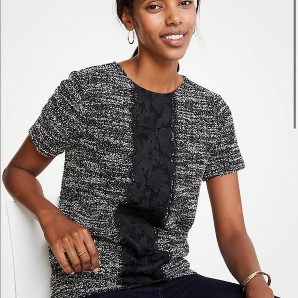 Ann Taylor Knit Top Blouse XS Black White Tweed Lace Crewneck Boucle Knit Chic